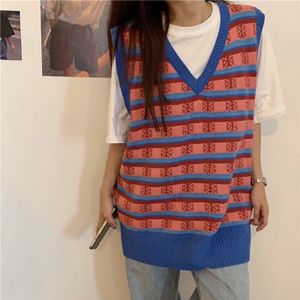 Trui Vest Vrouwen Harajuku Chic Gestreepte V-hals Vallen Bf Stijl Tieners Streetwear Casual Mode Dames Mouwloos Knitwear