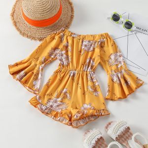 2-7Y Mode Peuter Baby Meisjes Kleding Bloemen Gedrukt Flare Lange Mouwen Overalls Kinderen Kid Meisjes Casual Korte Jumpsuit