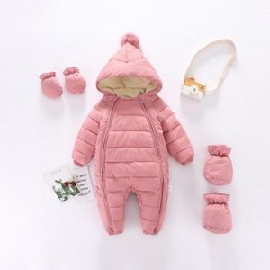 Winter Baby Baby Verdikte Romper Snowsuit Rits Donsjack Voor Meisjes Jongens Pompom Hooded Jumpsuit + Handschoenen + Sok 0-24M