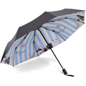 Yesello Gestreepte Kat Drievoudige Paraplu Vrouwen Winddicht Potlood Regenachtige Paraplu Dier Kat Zwarte Coating Pocket Parasol Paraplu