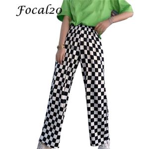 Focal20 Streetwear Plaid Vrouwen Broek Elastische Taille Volledige Lengte Geblokte Zwart-wit Casual Losse Rechte Broek