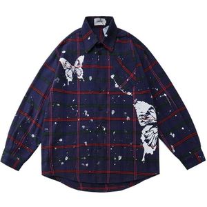 Lange Mouwen Vlinder Print Plaid Shirt Streetwear Herfst Harajuku Hip Hop Casual Losse Knop Jurk Shirts Mannen Tops WY150