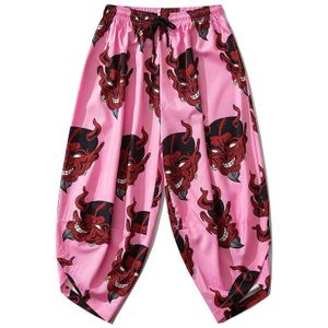 Bebovizi Roze Dunne Kimono Broek Vrouwen Mannen Vintage Japanse Harajuku Demon Print Elastische Taille Casual Traditionele Harembroek