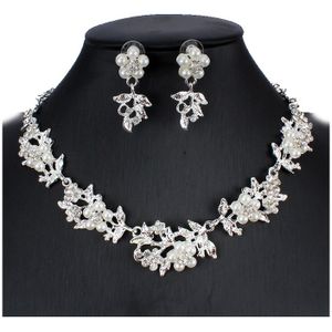 Jiayijiaduo Imitatie Parels Bruids Sieraden Sets Voor Vrouwen Zilveren Kleur Strass Ketting Oorbel Bruiloft