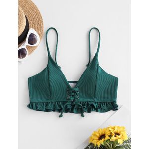 Zaful Lace Up Geribbelde Ruche Bikini Top