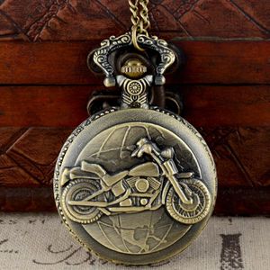 Bronskleur Zakhorloge Motorfietsen Patroon Relogio De Bolso Quartz Horloge Met Ketting Quartz Klok