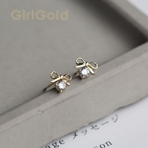 9K Real Solid Gold Stud dainty bow dangle Crystal Earring Sieraden Eenvoudige Minimale vrouwen bruidsmeisje bruid