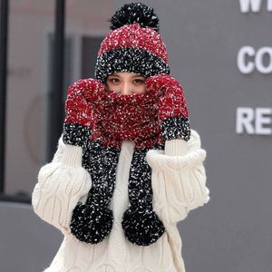 Koreaanse Vrouwen Winter Muts Sjaal Handschoenen 3Pcs Set Grijs Wit Roze Rood Zwart Verdikte Wol Hoeden Sjaals Voor studenten