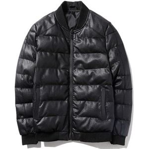 Yasuguoji Mens Pu Leather Black Down Jacket Winter Thicken Faux Lederen Korte Jas Voor Mannen Mode Warme Gewatteerde Jas Mannen