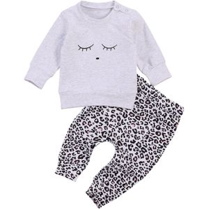 2 Pcs Baby Meisjes Modieuze Casual Pak, Ronde Hals Lange Mouwen Katoenen Trui, Losse Luipaard Print Broek, dagelijks Leven