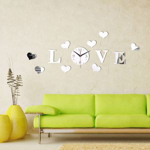 Spiegel Stickers Acryl Glas Zilver DIY LIEFDE Romantische Klok Horloge Muur Sticker Decor Decoratie Thuis 3D Vloer Klok Kleur