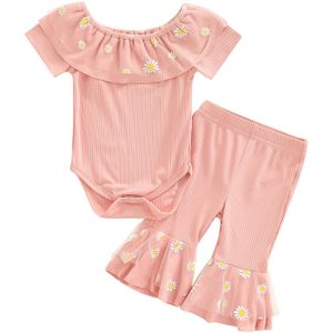 2 Stuks Baby Meisjes Kleding Set Korte Mouwen Crewneck Ruffle Romper Met Bloem Print Flare Broek Zomer Casual Outfit