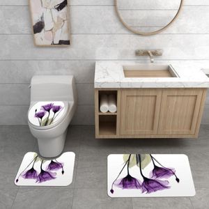 Paarse Lotus Douchegordijn Bloem Print Douchegordijn Voetstuk Tapijt Deksel Wc Cover Mat Badmat Set Voor Badkamer Decor