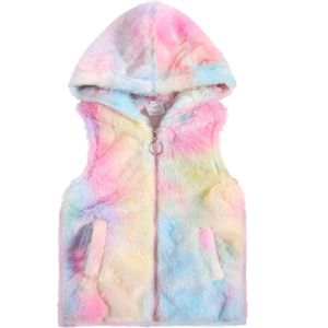 Kleurrijke Meisje Pluche Hooded Vest Mouwloze Rits Hooded Kraag Met Twee Zakken Voor Winter En Late Herfst