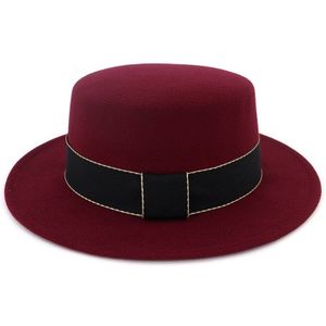 Zwarte lint wol vilten dakranden hoed Modieuze afgeplatte wollen hoed voor dames in lente, herfst Jazz hoed party cap