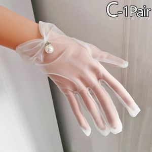 1 Paar Bridal Wedding Hand Handschoenen Vrouwen Parel Elegante Korte Wit Volledige Vinger Kant Satijn Wanten Accessoires