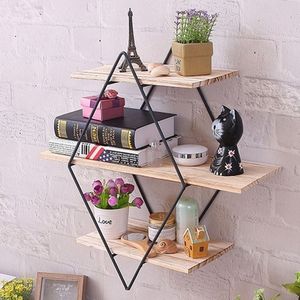 3-Tier Bloem Stand Vintage Boek Plank Hout Metalen Opbergrek Plank Ijzer Ambachtelijke Muur Houder Decoratieve Planken Thuis decoratie