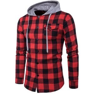 Rood Zwart Plaid Hooded Shirt Mannen Lange Mouwen Slim Fit Casual Geruite Truien Shirts Mens Pocket Knop Voor Chemise Homme 2XL