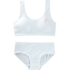 Puberteit Tieners Meisjes 2Pcs Sport Ondergoed Set Geribbelde Cute Bear Print Zoete Strik Padded Wirefree Training Beha En Bijpassende hi