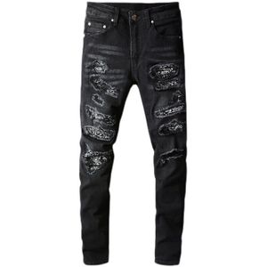 Mannen Bandana Paisley Gedrukt Patchwork Stretch Jeans Streetwear Zwart Denim Potlood Broek Slanke Skinny Gescheurd Broek 669