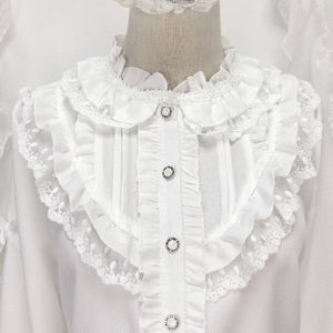 Koreaanse Harajuku Stijl Lolita Zoete Meisjes Stand Kraag Bladerdeeg Mouw Ruche Wit Overhemd Zachte Meisje Kawaii Leuke Temperament Overhemd