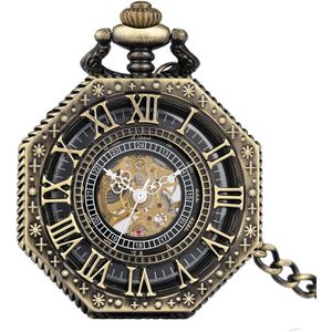 Antique Bronze/Black/Silver/Red Copper Octagon Manual Mechanical Pocket Watch Vintage Roman Numerals Hand Winding Retro Clock