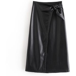 Aachoae Elegante Solid Faux Leather Rok Strikje Kantoor Dragen Lange Rok Vrouwen Bruine En Zwarte Kleur Een Lijn Rokken mujer Faldas