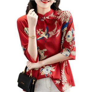 Vrouwen Chinese Traditionele Stijl Shirts Chiffon Blouses Losse Vintage Cheongsam Tops Voor Vrouwen Rode Kraan Bloemen Shirt