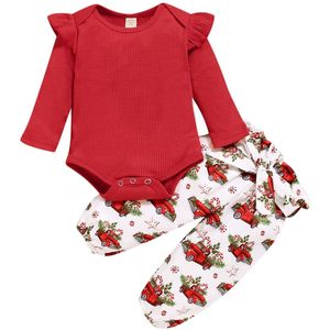 2 Stuks Pasgeboren Baby Meisje Kleding Verse Effen Kleur Lange Mouwen Geribbelde Jumpsuit En Kerst Element Lange Broek