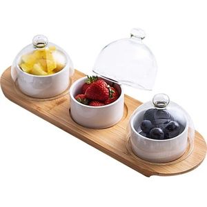 Keramische Mengkom Salade Met Glazen Deksel Creatieve Hout Lade Keramische Servies Set Huishouden Snack Gedroogd Fruit Taart Plaat