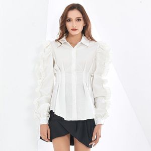 Twotwinstyle Casual Shirts Voor Vrouwen Revers Vlinder Lange Mouw Hoge Taille Ruches Patchwork Ruches Blouses Vrouwelijke Kleding
