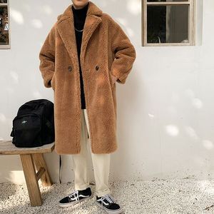 Mens Winter Verdikte Warm Kasjmier Lam Bontkraag Windjack Koppels Verlengd Losse Effen Kleur Jas Mannen Kaki Jas
