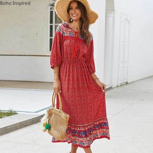 Boho Geïnspireerd Bloemenprint Lange Boho Jurk Katoen Lente Zomer Jurk Kwastje Gebonden V-hals Casual Vrouwen Jurk Bohemian Jurk