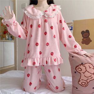 Japanse Zoete Lolita Prinses Pyjama Set Zachte Meisje Herfst Winter Coral Fleece Aardbei Print Pyjama 1Set Nachtkleding Pyjama