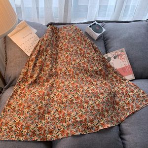 Chiffon A-lijn Rok Vrouwen Plus Size Bloemenprint Lange Geplooide Rok Mujer Maxi Strand Zomer Vintage Saia Longa