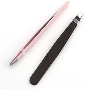 2Pcs Roestvrij Staal Wenkbrauw Pincet Set 9.6Cm Slant Tip Punt Tip Platte Tip Rose Rood Zwart Pincet Voor ontharing