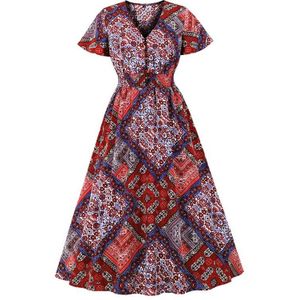 Tonval Multicolor Bloemen Vintage V-hals Button Up Lange Jurk Vrouwen Hoge Taille Gewaad Flare Mouw Elegante Zomer Dames Jurken