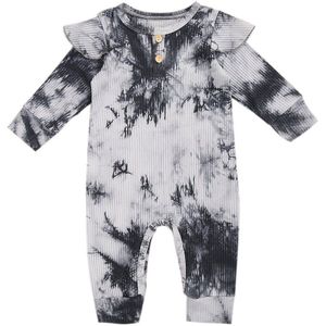 Tie Dye Gedrukt Pasgeboren Baby Meisjes Katoenen Romper Mode Kleding Ruffle Lange Mouwen Jumosuit Leuke Geribbelde Peuter Baby Kleding