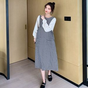 8025 # Herfst Koreaanse Mode Moederschap Lange Party Dress Een Stuk Patchwork Kleding Voor Zwangere Vrouwen Plaid Ties Taille Zwangerschap