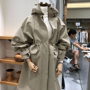 Herfst Koreaanse Plus Size Vrouwen Chic Hooded Trekkoord Taille Trenchcoat Losse Mujer Chaqueta Ongedwongen Windjack Jassen Vrouwelijke