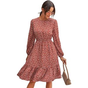 Benuynffy Ronde Hals Keyhole Back Ruches Zoom Jurk Vrouwen Bloemenprint Hoge Taille Lange Mouwen Elegante Knie Lengte Jurk