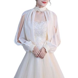 Vrouwen Side Split Lange Mouwen Wedding Shawl Cape Halter Hals Chiffon Bolero Bolero