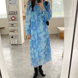 Superaen Korea Blauw Ruches Geplooide Chiffon Tie-Dye Volledige Jurken