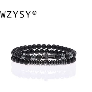 Micro Insert Natuurlijke Zirkoon Zwarte Scrub Steen Hematiet Cross Elastische Mode Armband Sets 6Mm Voor Mannen Pulsera Hombre