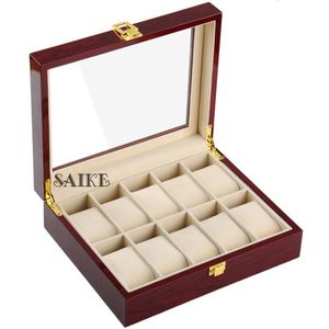 Hout Horloge Opbergdoos Rode Horloge Collectie Box Met Gouden Slot Sieraden Organizer Voor Vrouwen