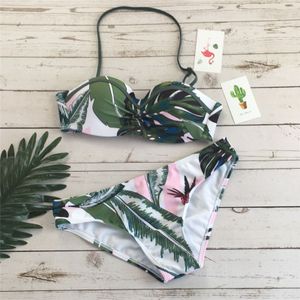 Leaf Print Omkeerbare Bikini Set Vrouwen Mid Taille Backless Halter Twee Stukken Badmode Strand Badpak Badpakken