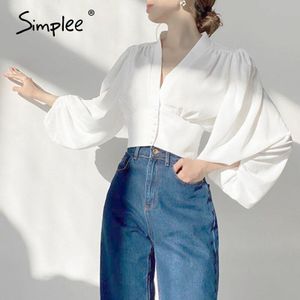 Simplee Elegante Lantaarn Lange Mouw Blouse Ladie Shirts Vrouwen Knop Omhoog Shirt Kleding Slim-Fit Cropped Vintage Top Shirt vrouw