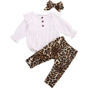 Baby Baby Girl Outfit Ruche Romper Top + Luipaard Broek + Hoofdband Baby Meisje Lente Herfst Kleding Set 3Pcs