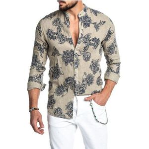 Lente En Zomer Kleding Katoen Linnen Shirt Mannen Lange Mouwen Print Hawaiian Beach Casual Single-Breasted Stand Kraag Shirt