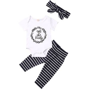 Baby Zomer Kleding Pasgeboren Peuter Kids Baby Jongen Meisje Kleding Korte Mouw Brief Tops Romper Gestreepte Broek Outfits Set